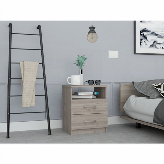Napoles Side Table with Two Metal-Handled Drawers and One Shelf, Light Gray - Space-Saving