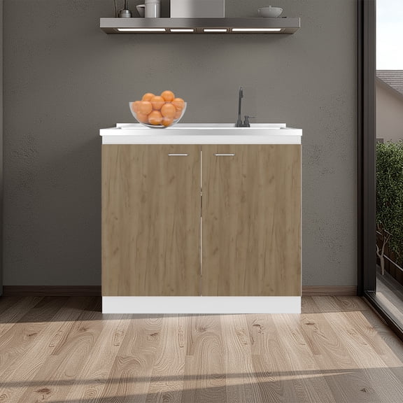 Napoles Utility Sink with Faucet Inclued and Integrated Stainless Steel Counter top, Freestanding cabinet with two doors, Metal Handles and Two interior shelves, Natural+White