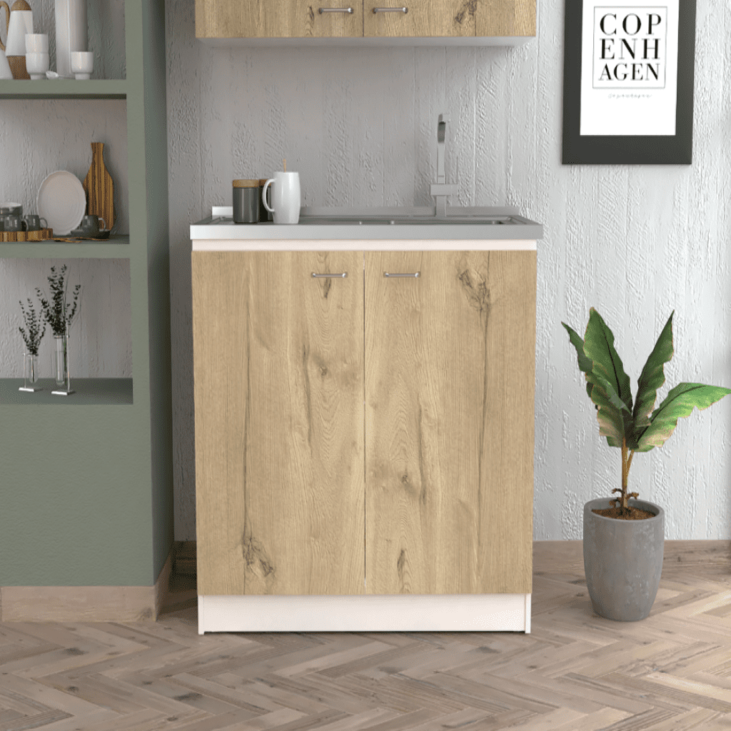 Light Oak and White Utility Sink Cabinet with Steel Sink