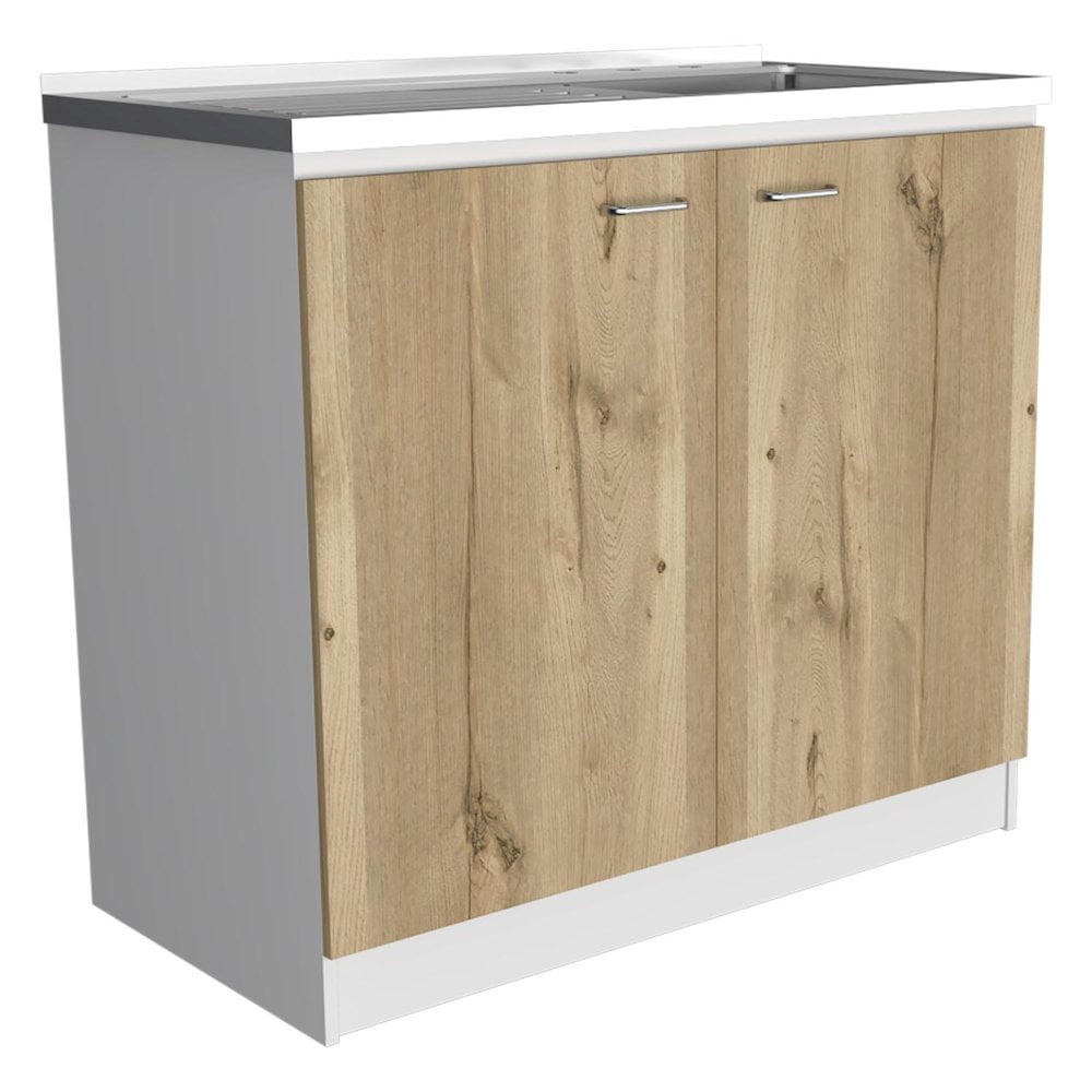 Light Oak and White Utility Sink Cabinet with Steel Sink