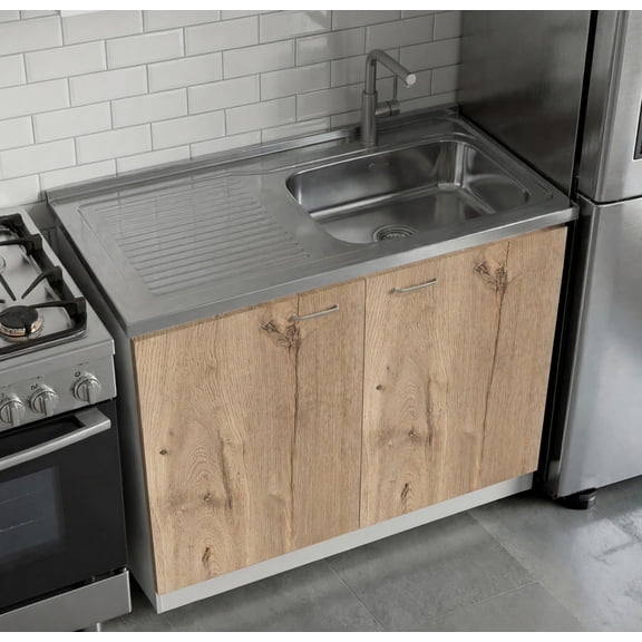 TUHOME Napoles Utility Sink Cabinet with Integrated Steel Sink, Double Door Storage