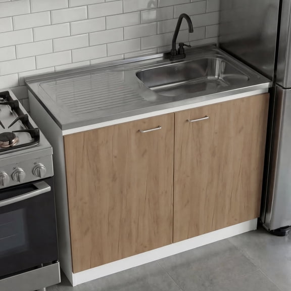 TUHOME Napoles Utility Sink Cabinet with Faucet, 39.4" 2-Door Under Sink Storage, Steel Countertop