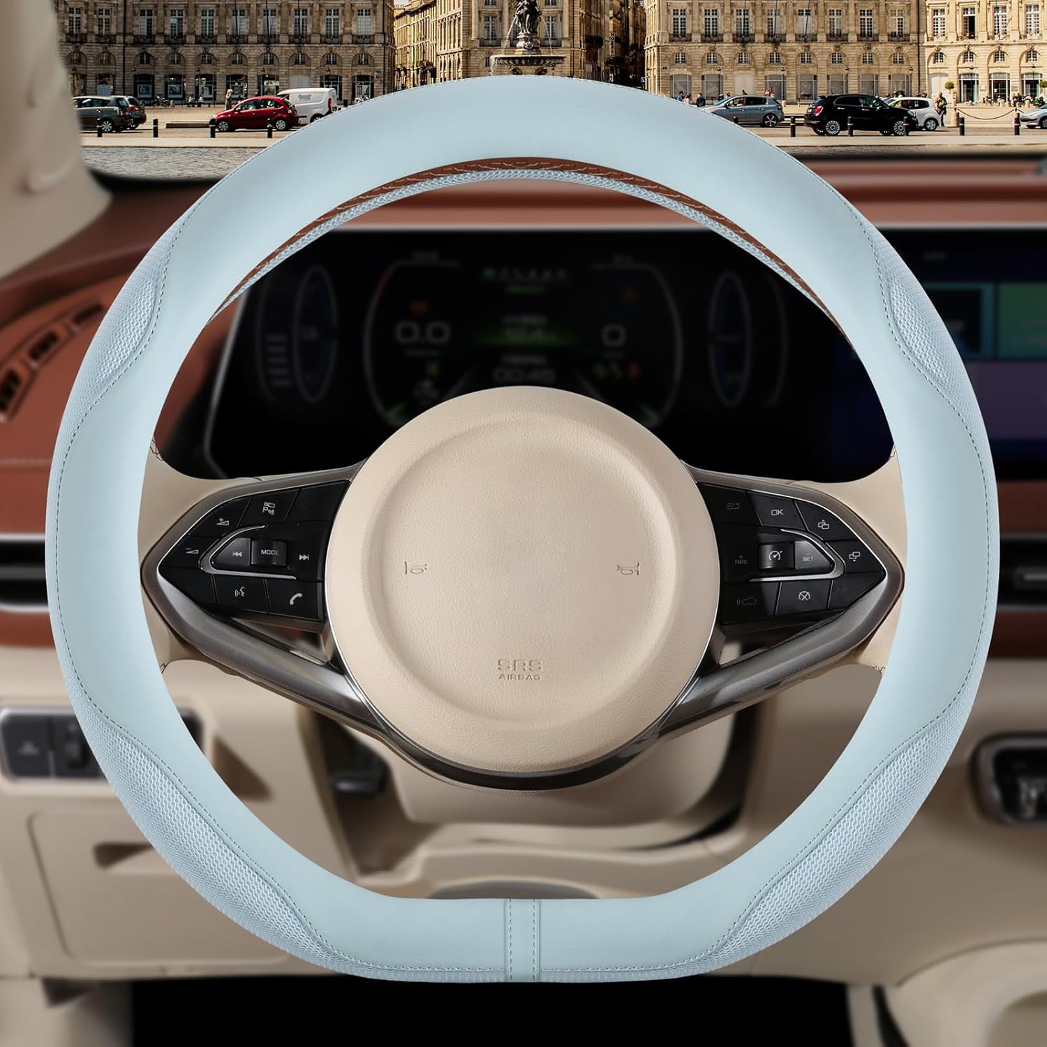 Nappa Leather Blue D Shape Steering Wheel Cover, Advanced Microfiber Leather Non-Slip Breathable Fabric, Warm in Winter and Cool in Summer, Universal 15 Inch