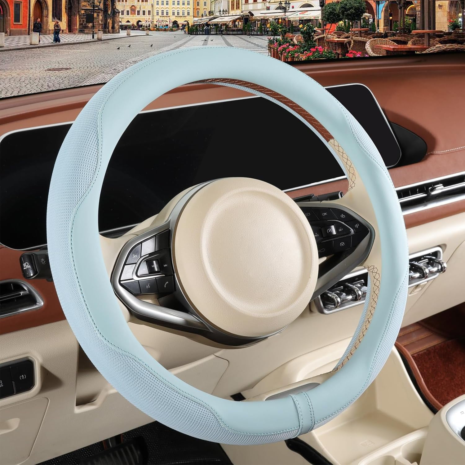 Nappa Leather Blue Steering Wheel Cover, Advanced Microfiber Leather Non-Slip Breathable Fabric, Warm in Winter and Cool in Summer, Universal 15 Inch