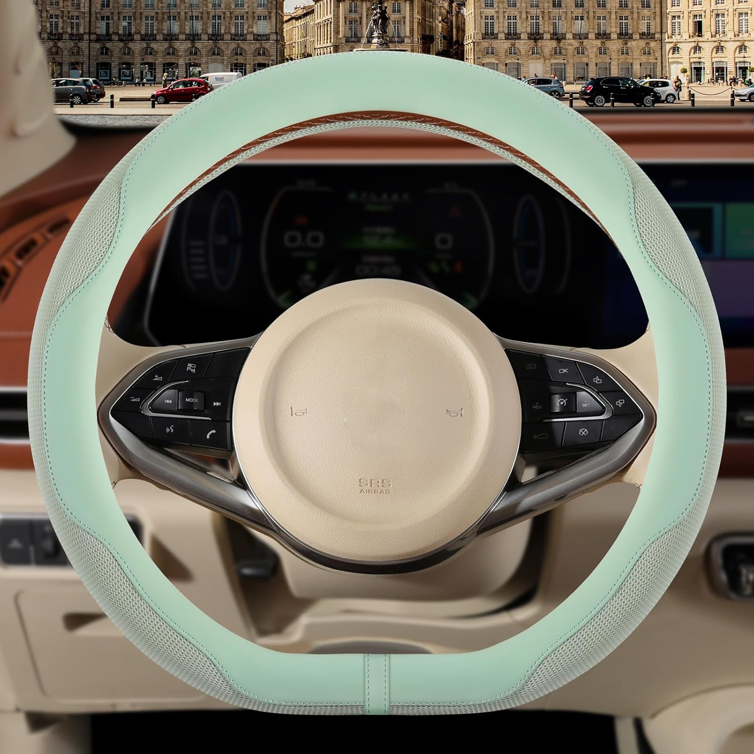 Nappa Leather Green D Shape Steering Wheel Cover, Advanced Microfiber Leather Non-Slip Breathable Fabric, Warm in Winter and Cool in Summer, Universal 15 Inch