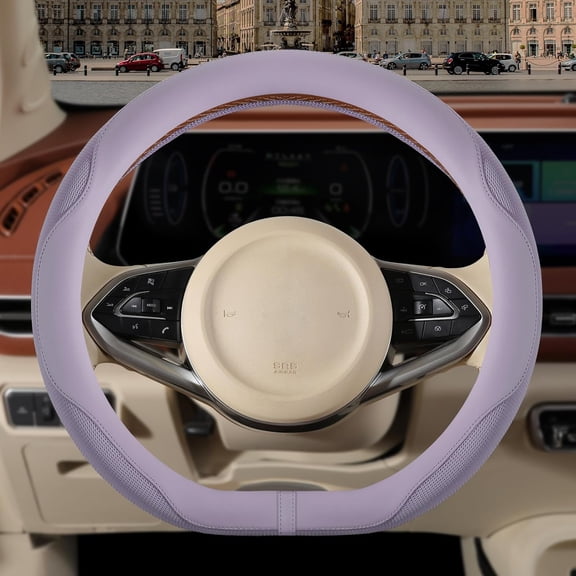 Universal 15 Inch Nappa Leather Steering Wheel Cover, Advanced Microfiber Leather Non-Slip Breathable Fabric, Warm in Winter and Cool in Summer, Purple-D-Shape