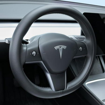 Nappa Leather Steering Wheel Cover Compatible with Tesla Model 3/Y 2016-2025 2026 Juniper/Highland, Non-Slip Breathable Model 3/Y Steering Wheel Protector, Black