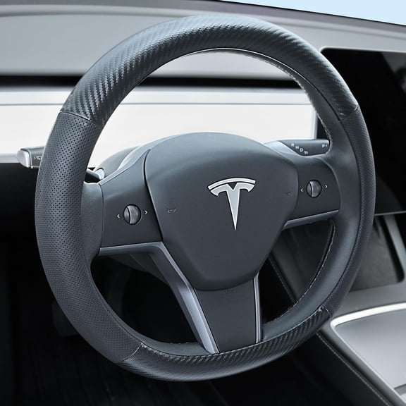 Nappa Leather Steering Wheel Cover Compatible with Tesla Model 3/Y 2016-2025 2026 Juniper/Highland, Non-Slip Breathable Model 3/Y Steering Wheel Protector, Black