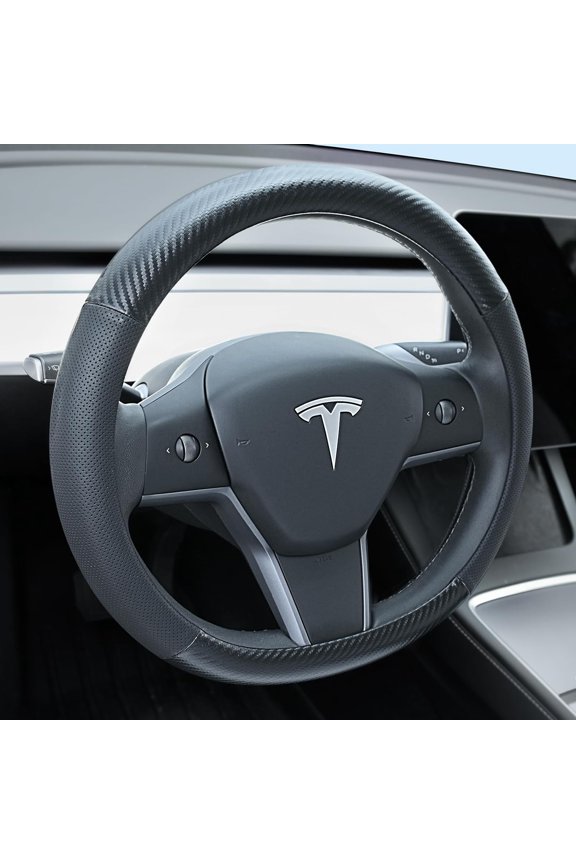 Nappa Leather Steering Wheel Cover Compatible with Tesla Model 3/Y 2016-2025 2026 Juniper/Highland, Non-Slip Breathable Model 3/Y Steering Wheel Protector, Black