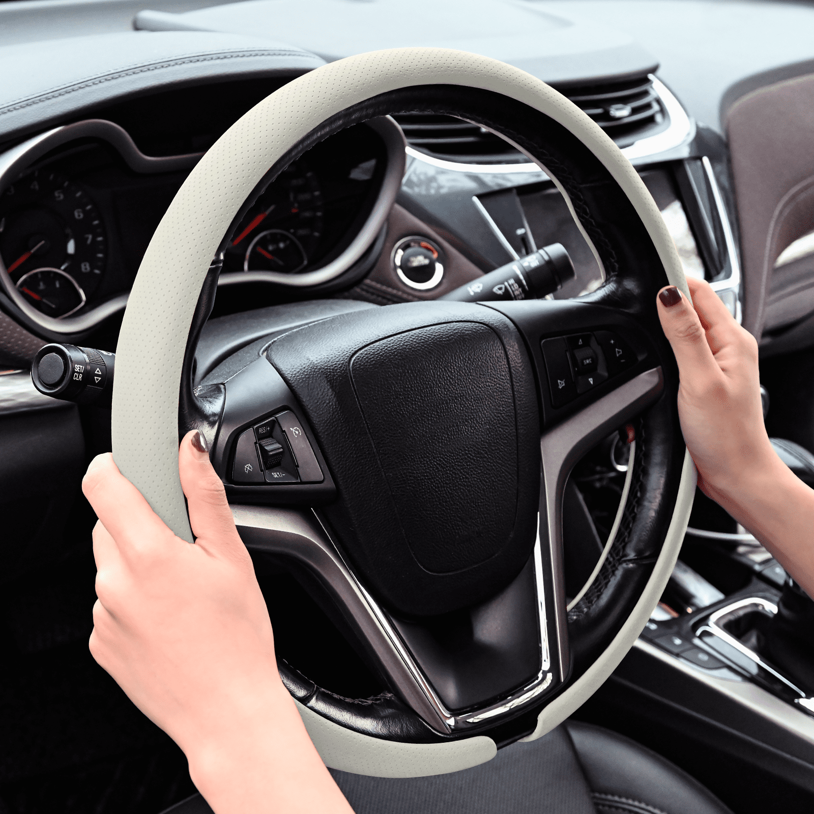 Nappa Leather Steering Wheel Cover Slim and Lightweight, Anti-Slip Grip, Breathable Material - Universal Fit for 14.5-15 Inch Cars and SUVs
