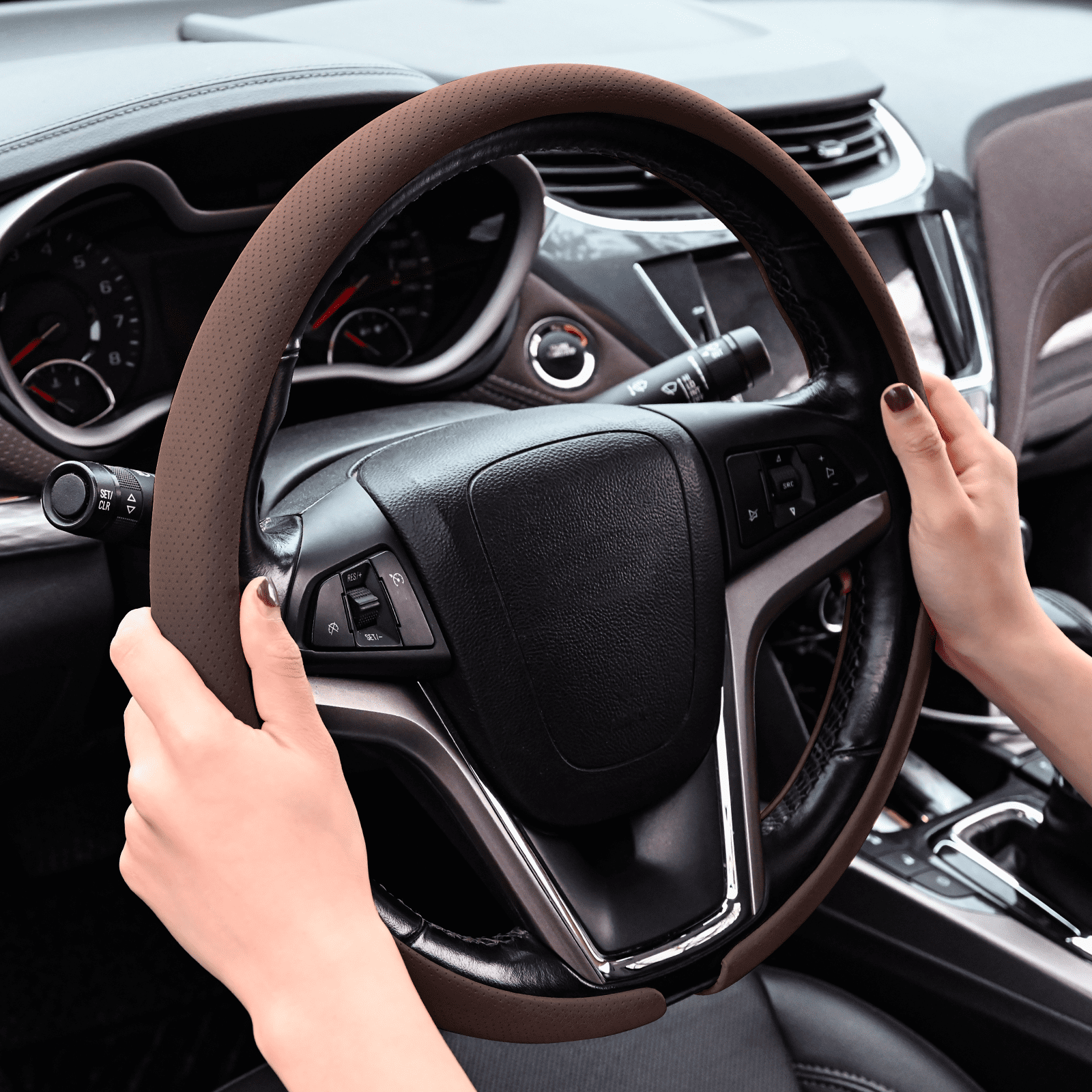 Nappa Leather Steering Wheel Cover Slim and Lightweight, Anti-Slip Grip, Breathable Material - Universal Fit for 14.5-15 Inch Cars and SUVs