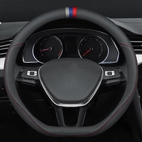 Nappa Leather car Steering Wheel Cover, Stylish Non-Slip Leather car Interior 15 Inches Universal D-Shape, Black Red and Blue Signs