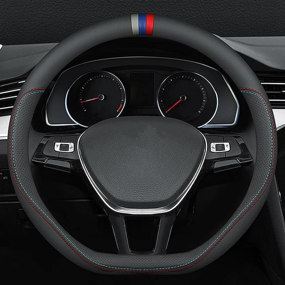 Nappa Leather car Steering Wheel Cover, Stylish Non-Slip Leather car Interior 15 Inches Universal D-Shape, Black Red and Blue Signs