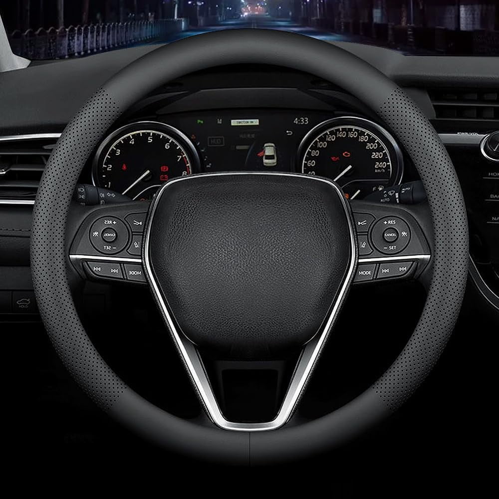 Nappa Premium Leather car Steering Wheel Cover, Non-Slip, Breathable, Universal 15 inches, Black.