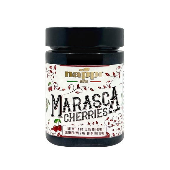 Nappi 1911 Marasca Cherries in Syrup, 14.10 oz (400 g), Sweet and Sour Maraschino Black Pitted Cherries