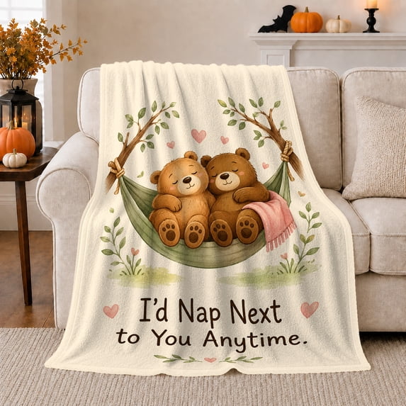Napping Bears in Leafy Hammock, Cozy Whimsical Style for Bear Lovers, Nap Anytime Quote and Friendship Gift, Soft Flannel Blanket for Nursery and Bedroom, Home Decor