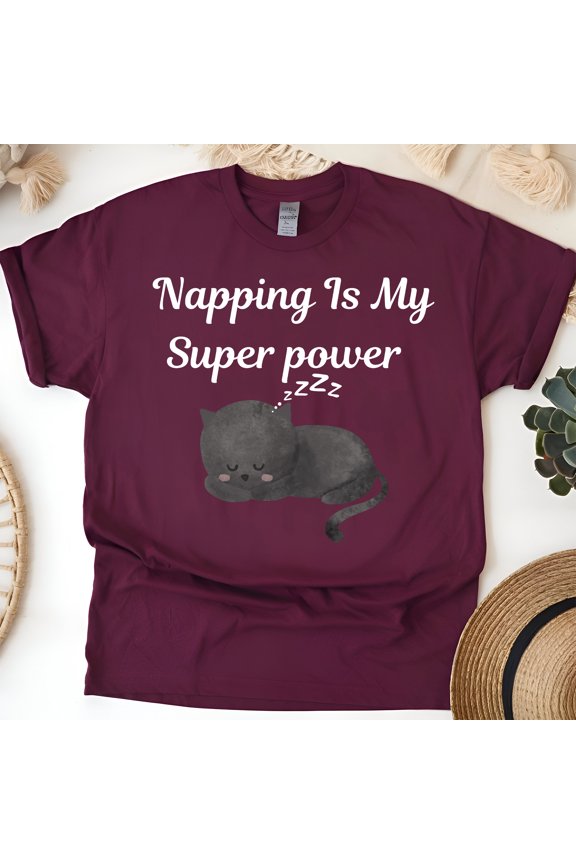 Napping Is My Superpower Funny Cat Graphic T-Shirt for Adults, Maroon, Size M
