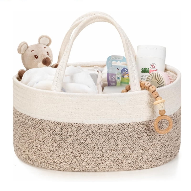 Nappy Caddy, Cotton Rope Baby Storage Basket for Newborn Essentials Portable Organiser with Detachable Compartments for Changing Table, Nursery or Car