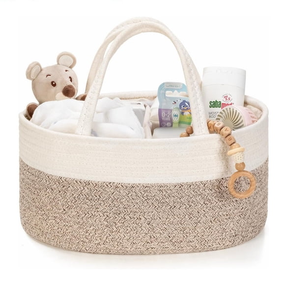 Nappy Caddy, Cotton Rope Baby Storage Basket for Newborn Essentials Portable Organiser with Detachable Compartments for Changing Table, Nursery or Car