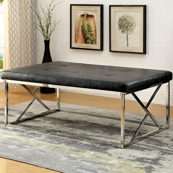 Nara Tufted Faux Leather Bench, Black and Chrome