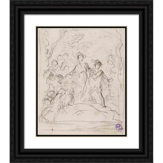 Narcisse-Virgile Diaz de La Peña 12x14 Black Ornate Wood Framed Double Matted Museum Art Print Titled: Sketch of a Group of Characters in a Forest