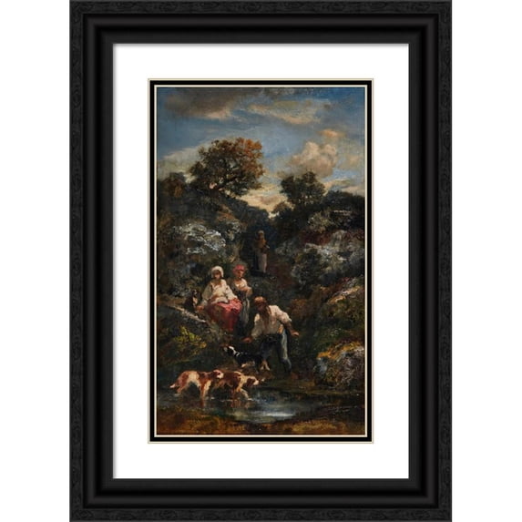 Narcisse-Virgile Diaz de La Peña 12x18 Black Ornate Wood Framed Double Matted Museum Art Print Titled - Four Bohemians and Dogs, a Pond Near Rocks