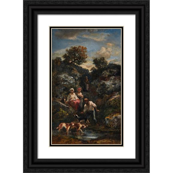 Narcisse-Virgile Diaz de La Peña 16x24 Black Ornate Framed Double Matted Museum Art Print Titled: Four Bohemians and Dogs, a Pond Near Rocks