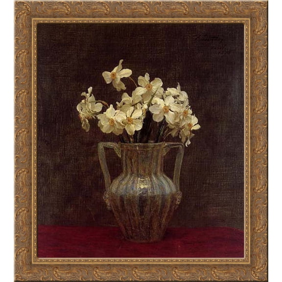 Narcisses in an Opaline Glass Vase 20x22 Gold Ornate Wood Framed Canvas Art by Fantin Latour, Ignace Henri Jean Theodore