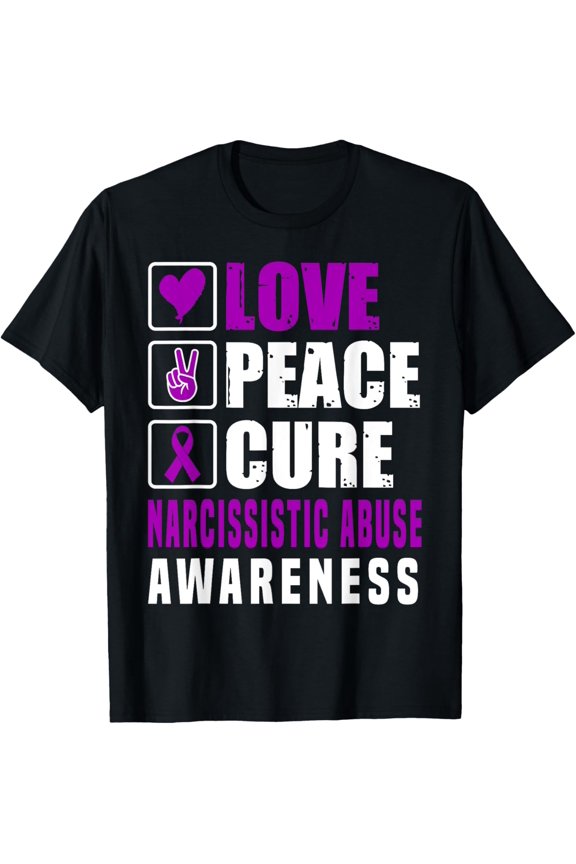 Narcissistic Abuse Awareness Love Peace Cure Purple Ribbon T-Shirt