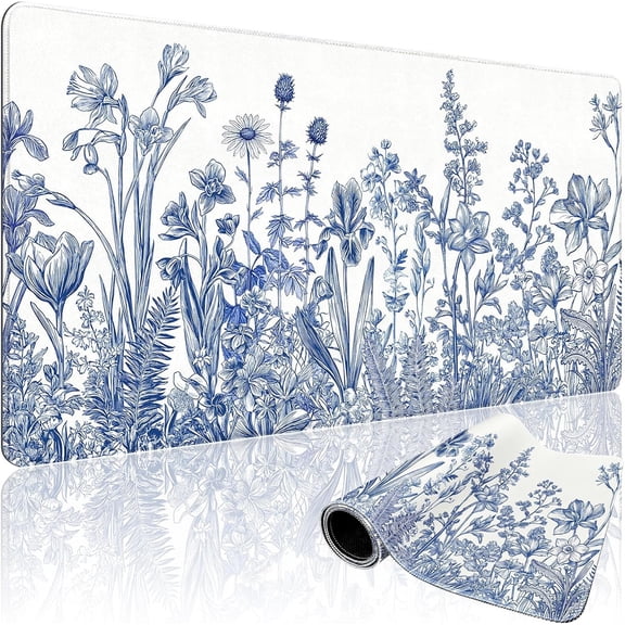 Narcissus Blue Floral Large Gaming Mouse Pad 31.5"x15.7"| Flower XXL Desk Mat, Non-Slip Rubber Base & Stitched Edges - Extended Waterproof Mousepad for PC/Laptop/Office/Home Decor