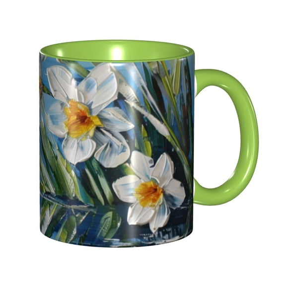Narcissus Daffodil Oil Paint Coffee Mug Fun Custom Ceramic Mugs 11oz Green