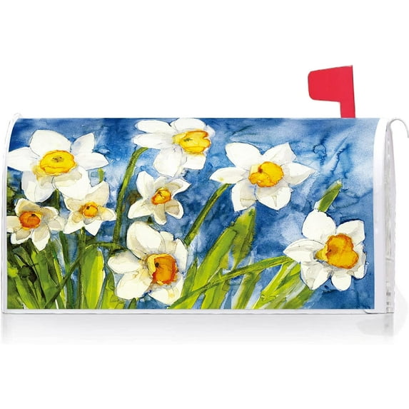 Narcissus Floral Decoration Mailbox Cover with Magnetic Strip Spring Summer Mailbox Wraps Post Letter Box Cover Standard Size 21" X 18" for Garden Outdoor Yard Decor