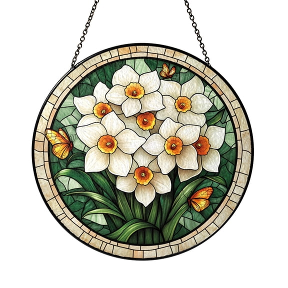 Narcissus Floral Suncatcher Window Hanging, Vibrant Stained Glass Style Butterfly Decor, Elegant Home Gift