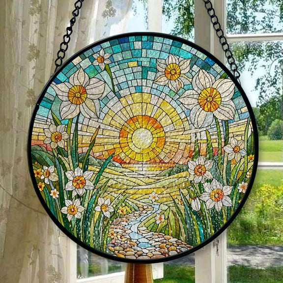 Narcissus Flower GLASS Suncatcher Hanging, Birth Month Flower glass, Window hanging, Narcissus field sunset, December birthday, Stained Glass Ornament 2025, Holiday Decoration,