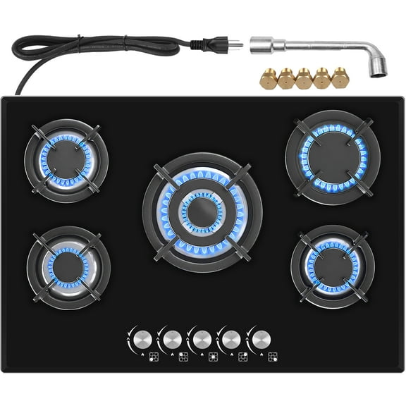 Nardea 30" Built in Gas Cooktop, 5 Burner Gas Cooktop for NG/LPG Dual Fuel Convertible, Propane Gas Stove Burner with Thermocouple Protection,Black Tempered Glass, 35900BTU