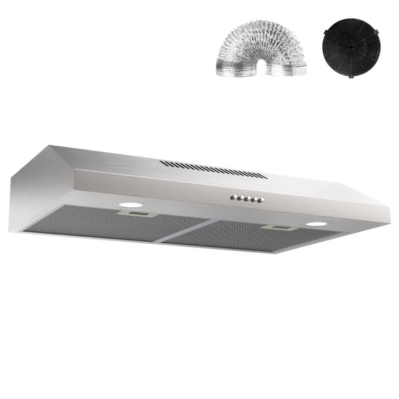 Nardea 30 Inch Under Cabinet Range Hood, Stainless Steel Kitchen Exhaust Fan 3 Speed and 300 CFM, Ducted/Ductless Convertible Stove Vent Hood with Charcoal Filter & Aluminum Exhaust Pipe