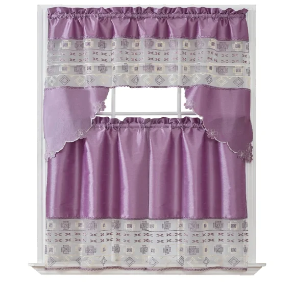 Narelle 3 Piece Embroidered Kitchen Curtain Set, 36 Inch Long Tiers and Swag Top, Lilac