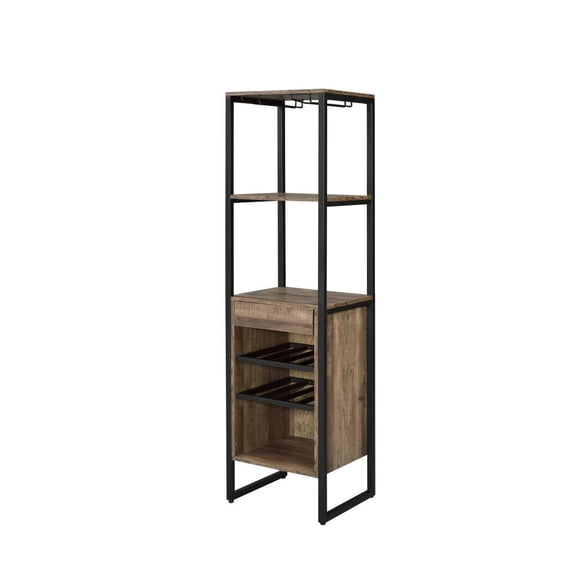 Narik Weathered Oak Finish Freestanding Wine Rack, Metal Sled Frame PB Composite Wine Storage Cabinet with Drawer & 3 Open Compartments, Max 100 Lbs Load