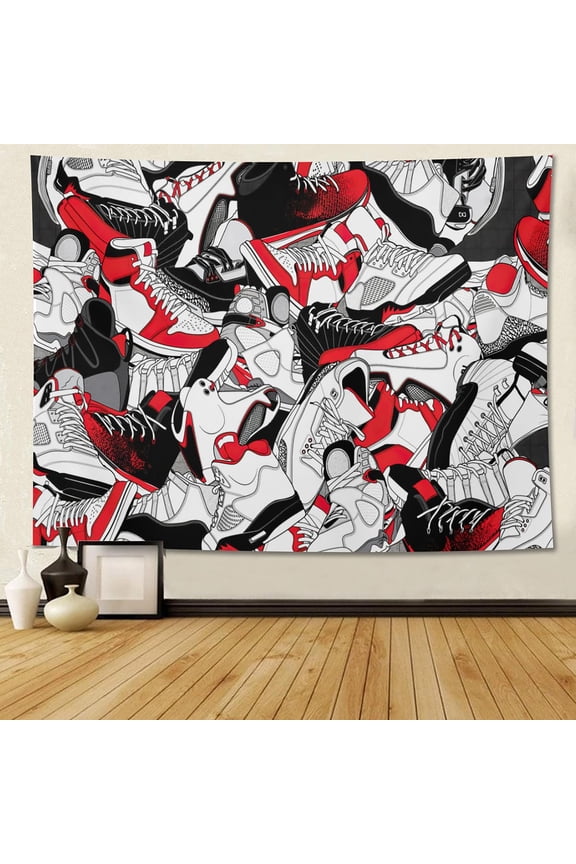 Retro Basketball Tapestry Wall Hanging Party Decorations Shoes Poster Sneaker Ball Sneaker Head Backdrops Banner Birthday Celebration Basketball-Themed Bedroom Aesthetic Room80 x60 A101