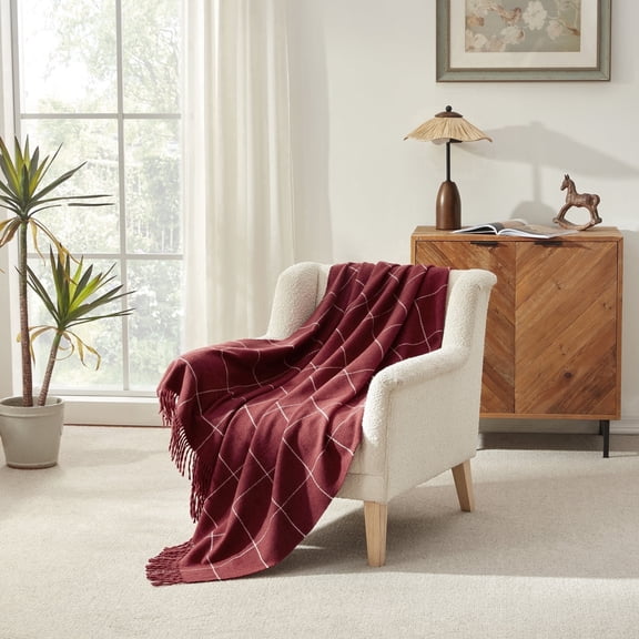 NARNIAR Art Deco Reversible Throw with Fringes 50x60"-Red