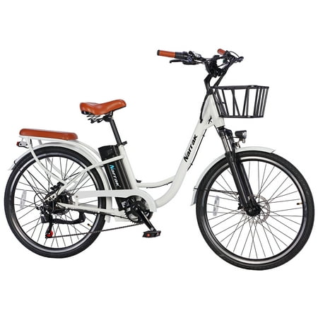 Narrak 350W 36V 10Ah 26" Step-Thru Electric Bicycle City E-Bike Mountain Bikes Up to 30 Miles Removable Battery, Shimano 7-Speed M5 5" LCD Display and Front Basket Commuter Bike for Adults-White