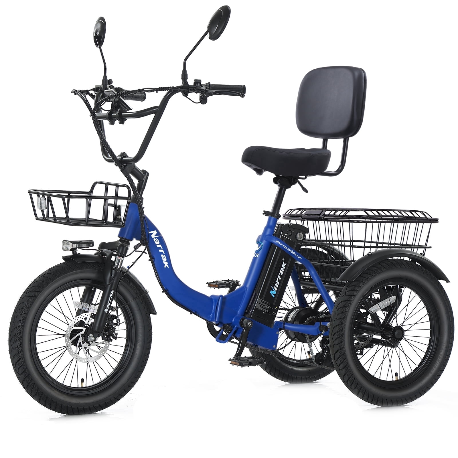 Narrak Electric Tricycle for Adults, Fat Tire Folding Electric Trike, 3 Wheels Electric Bicycle Bikes, Peak 1100W Step-Thru Etrike with 624WH Removable Battery and Large Basket for Women Men