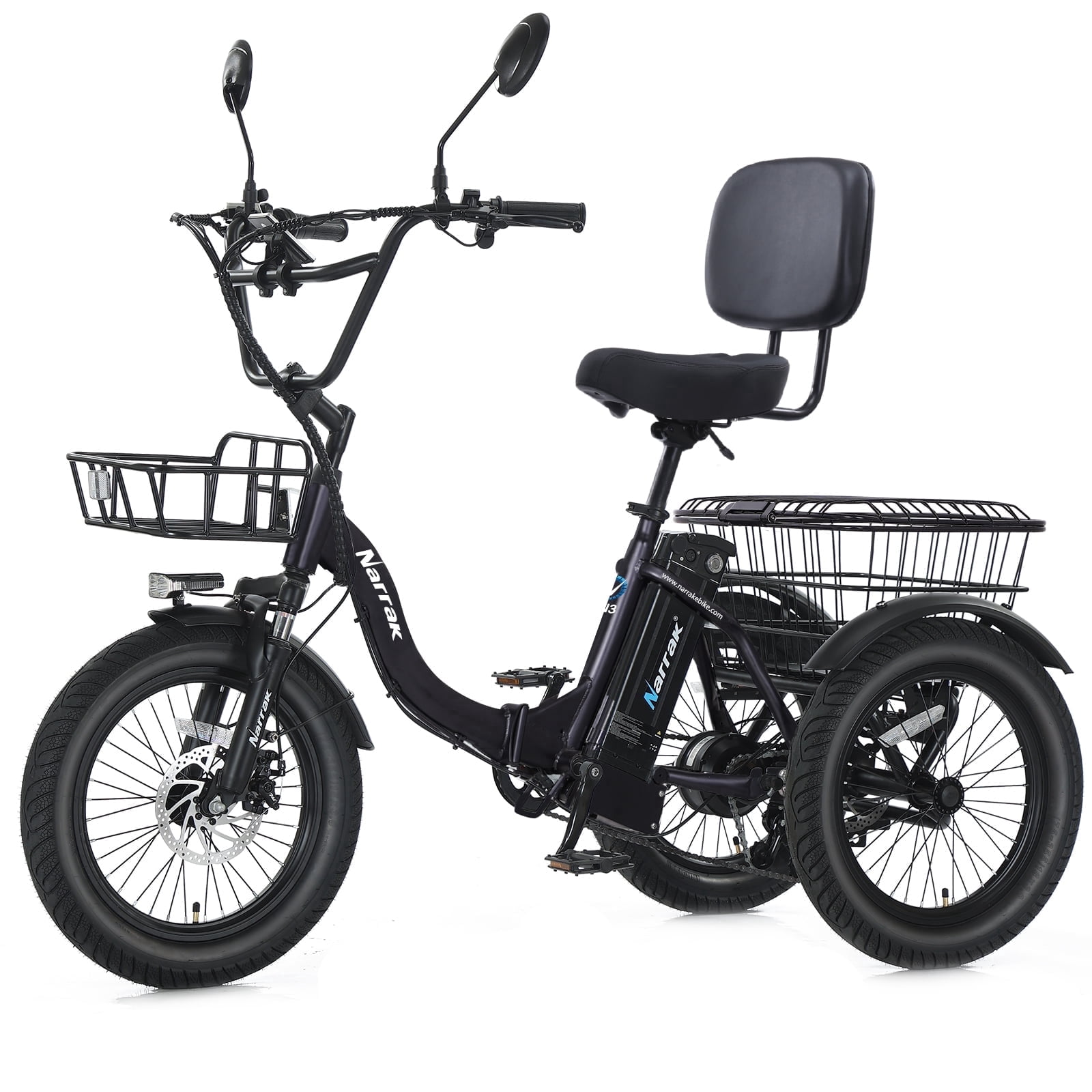 Narrak Electric Tricycle for Adults, Fat Tire Folding Electric Trike, 3 Wheels Electric Bicycle Bikes, Peak 1100W Step-Thru Etrike with 624WH Removable Battery and Large Basket for Women Men