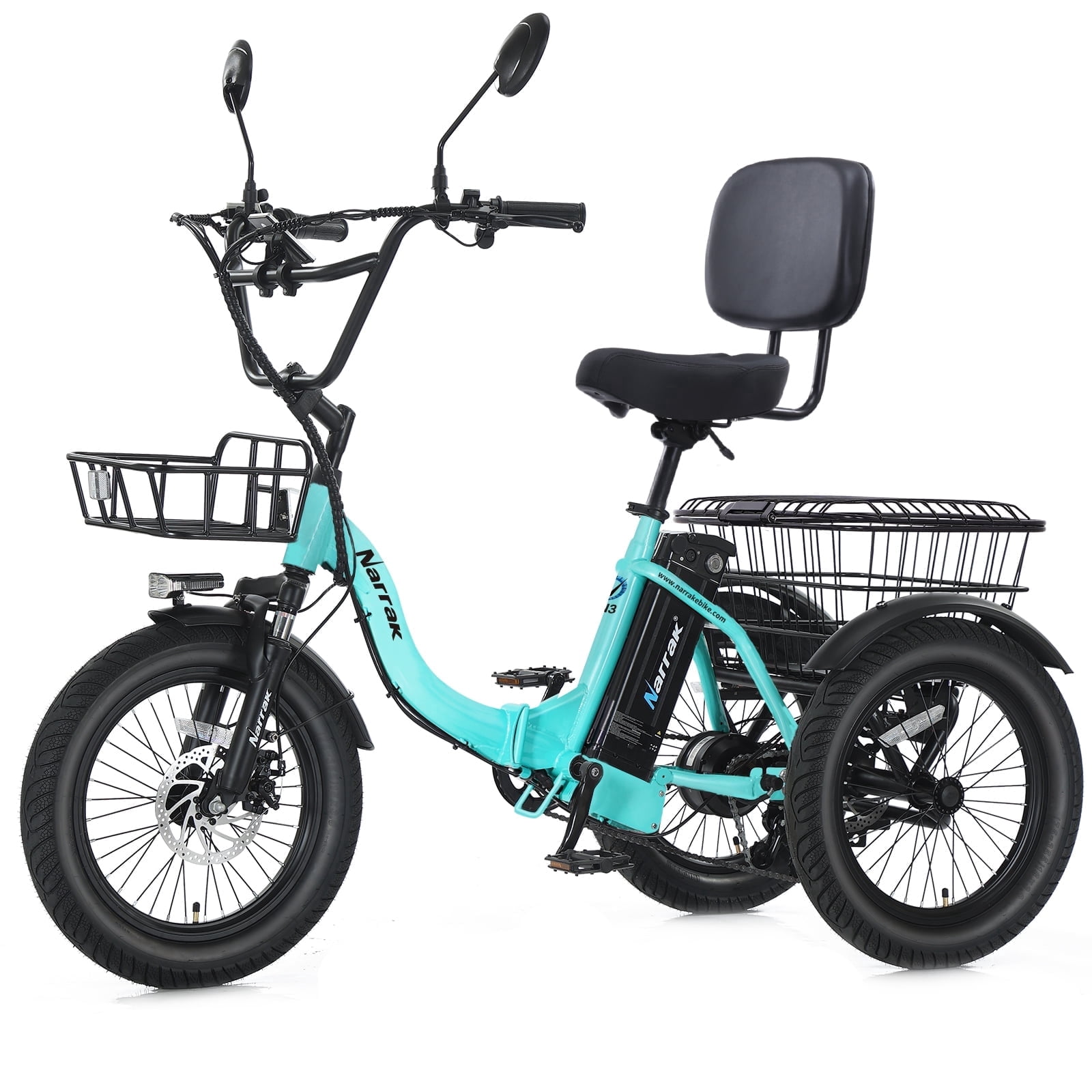 Narrak Electric Tricycle for Adults, Fat Tire Folding Electric Trike, 3 Wheels Electric Bicycle Bikes, Peak 1100W Step-Thru Etrike with 624WH Removable Battery and Large Basket for Women Men