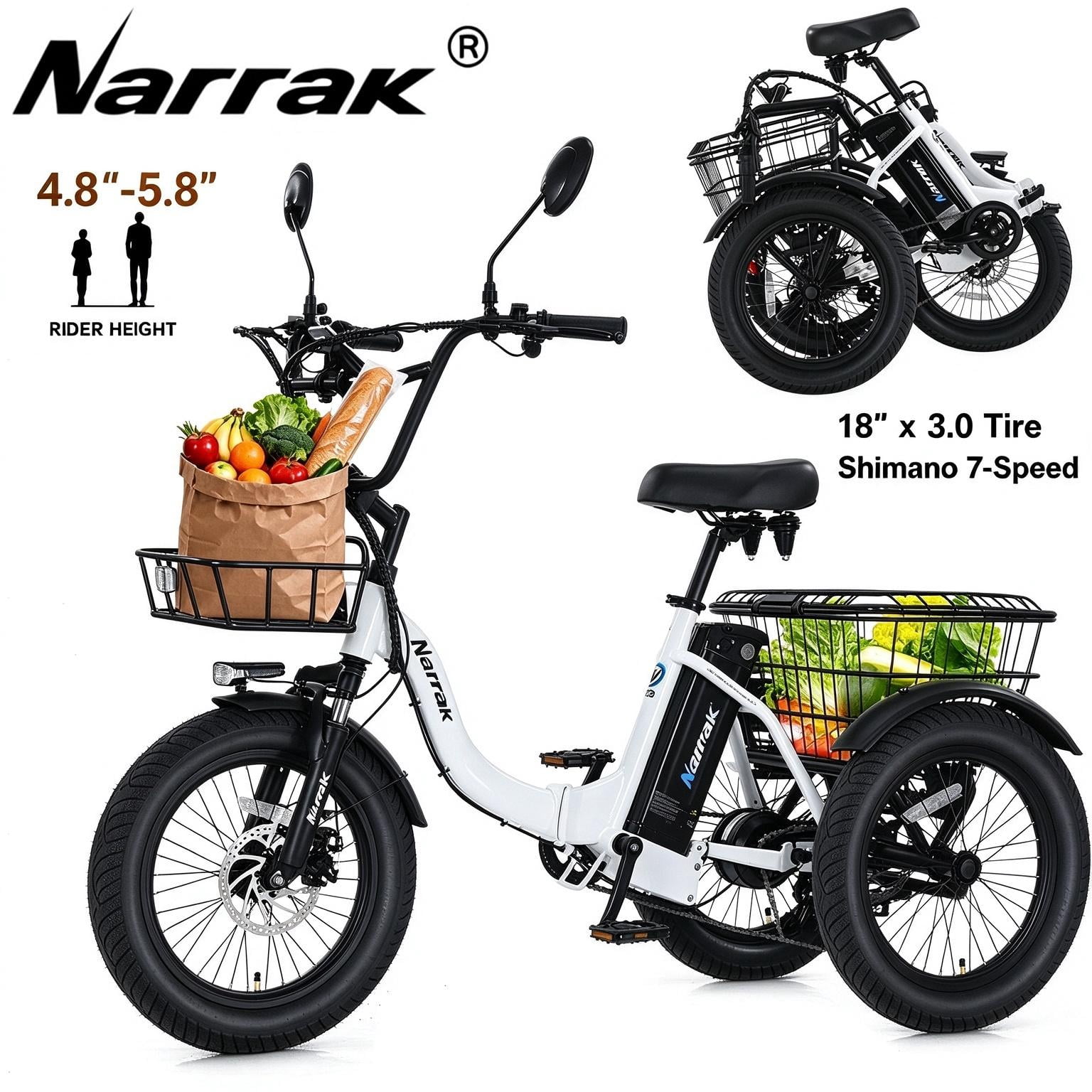 Narrak Fat Tire Adult Folding Electric Tricycle,Step-Thru Electric Trike with 468WH Removable Battery & Large Basket