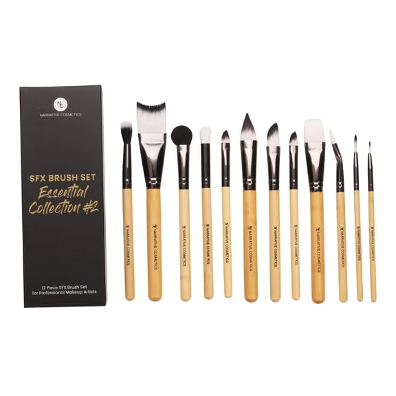 Narrative Cosmetics SFX Brush Set, Essential Collection #2, 12 Makeup Brushes with Synthetic Bristles & Natural Bamboo Handles