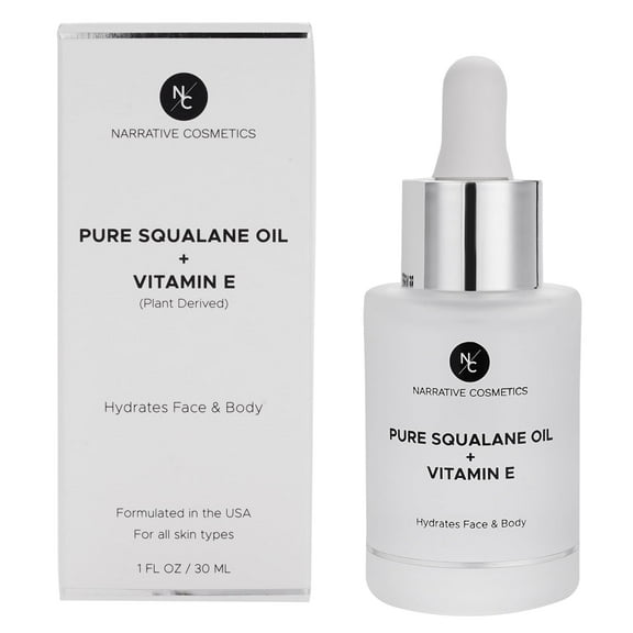Narrative Cosmetics Pure Squalane Oil + Vitamin E, Hydrating Face & Body Oil for All Skin Types, 1 Fl. Oz.