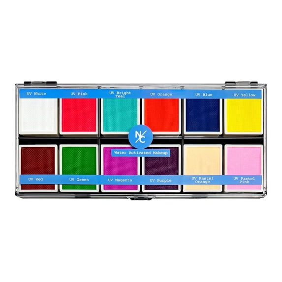 Narrative Cosmetics UV 12-Color Palette - Water-Activated Neon Glow Makeup for Face & Body - Fluorescent Shades for SFX, Party Makeup, Cosplay & Theatrical Performances