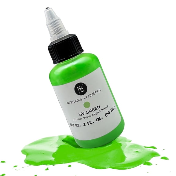 Narrative Cosmetics UV Fluorescent Alcohol Airbrush Paints - 2 fl oz, Glow Effect, Waterproof, Sweatproof, Highly Pigmented Liquid Makeup for Bodypainting, Film, TV, Festivals - UV Green