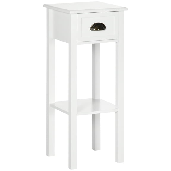 Narrow 2-Tier Side Table with Drawer, White End Table with Bottom Shelf for Small Spaces, MDF Accent Table for Living Room or Bedroom, 11.8L x 11.8W x 29.5H